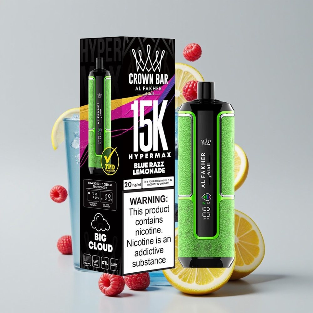 Al Fakher Crown Bar 15K Hypermax Disposable Vape Kit Blue Razz Lemonade 22ml 600mAh
